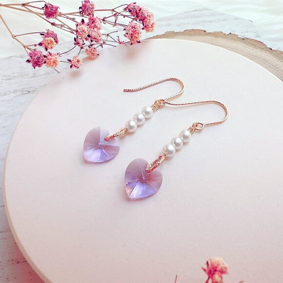 New Crystal Heart and Mini Freshwater Pearl Earrings | Handmade in BC - Picture 3 of 7